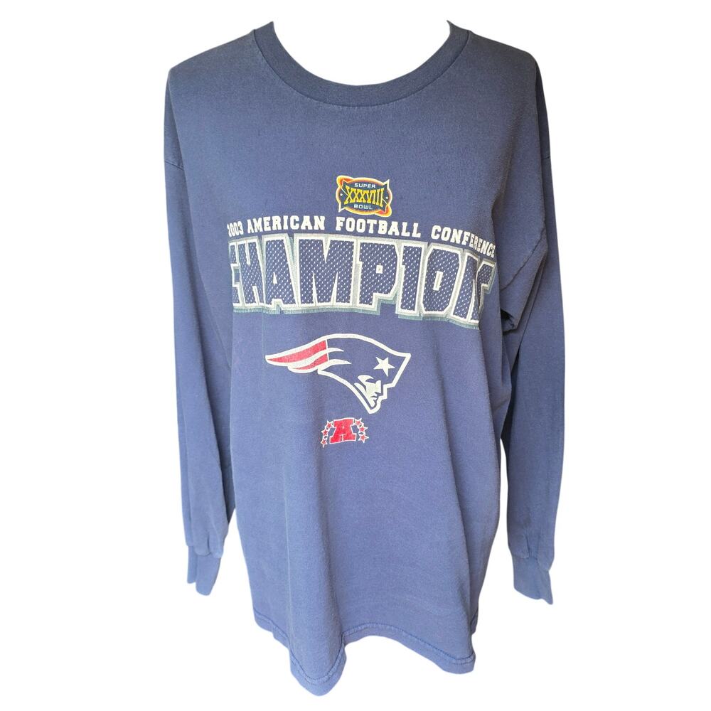 Vintage Y2k 2003 Super Bowl Long Sleeve XXXVII Patriots Blue Size Large Mens